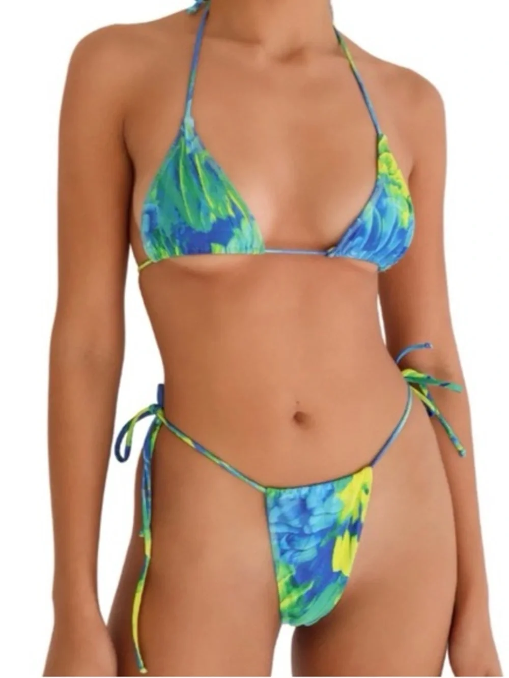 MELISSA SIMONE Enita Bikini Top Kyra Thong Bottom & Skirt in Blue & Green Floral